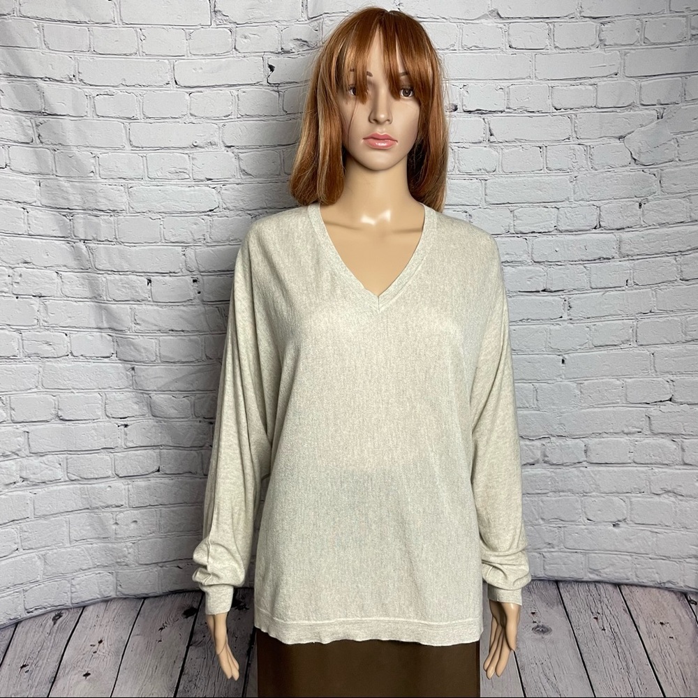NWT New $195 Kokun V-Neck Dolman Bamboo Cashmere Beige Pebble Sweater Size XL